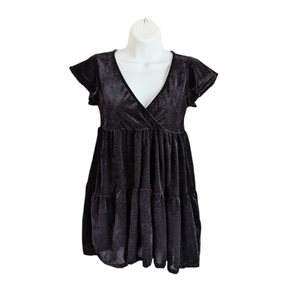NWT SEE YOU MONDAY Black velvet tiered V-neck mini dress Small @L1